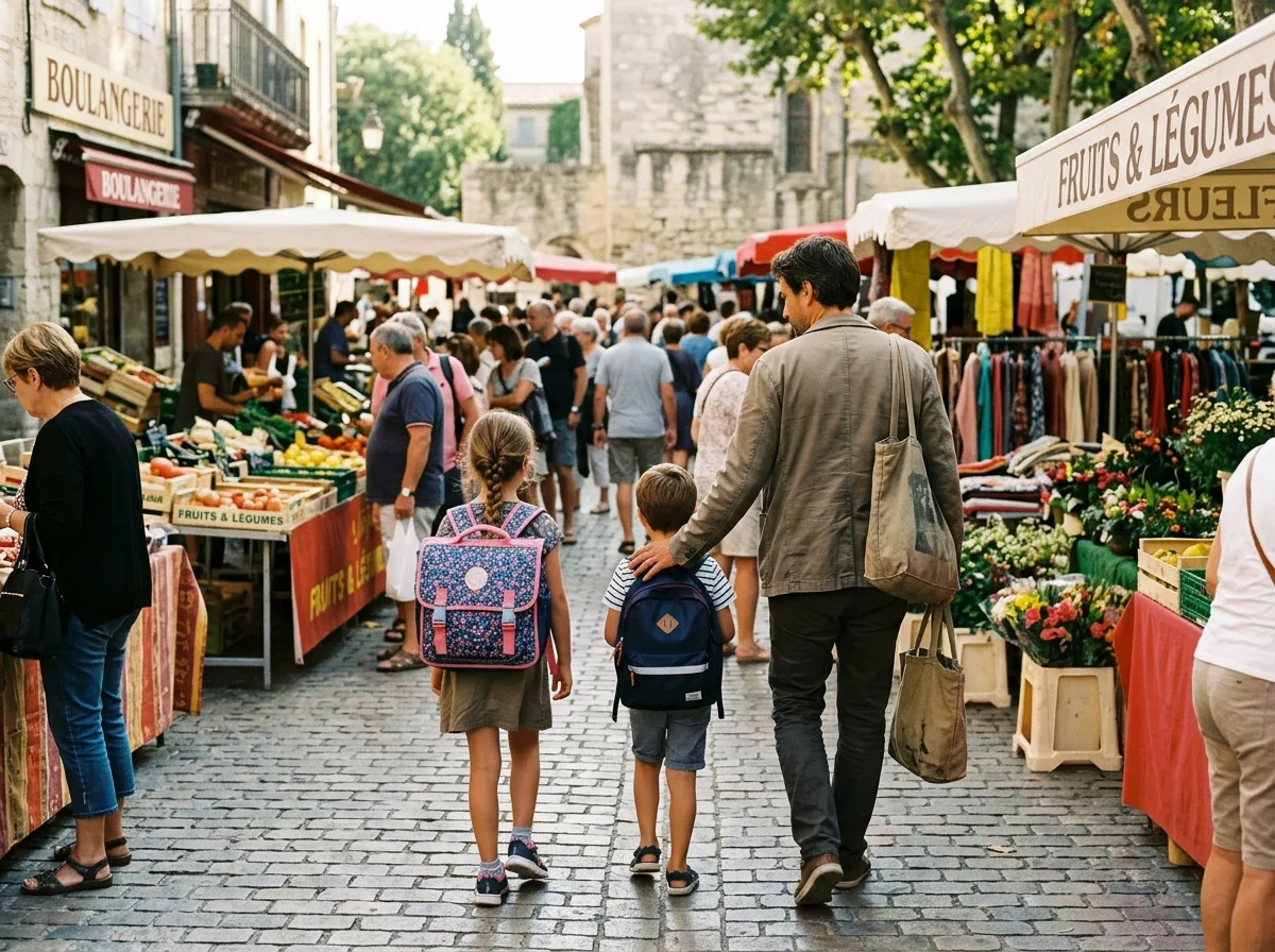 Père solo et ses enfants de dos dans un marché français, sacs d'école sur le dos