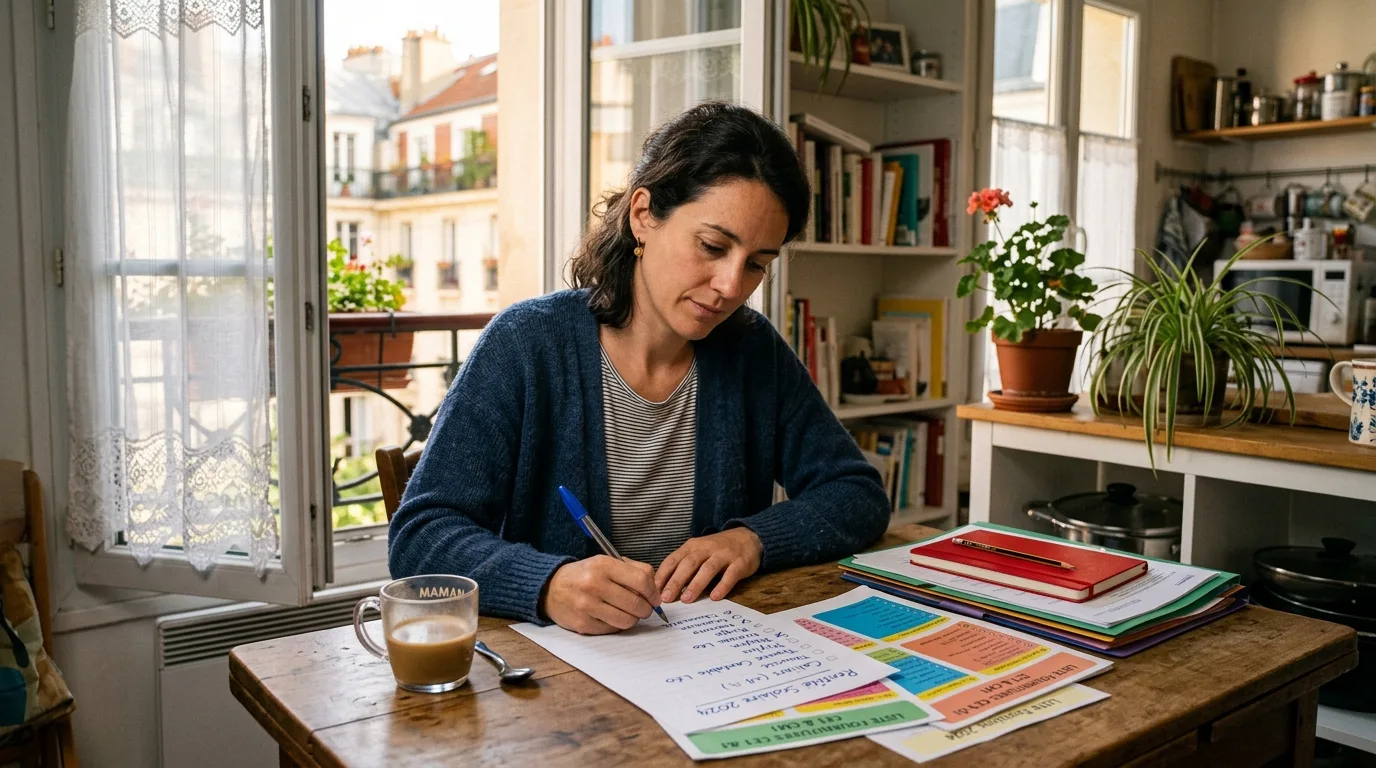 Mère solo organisant la rentrée scolaire avec une checklist sur sa table de cuisine