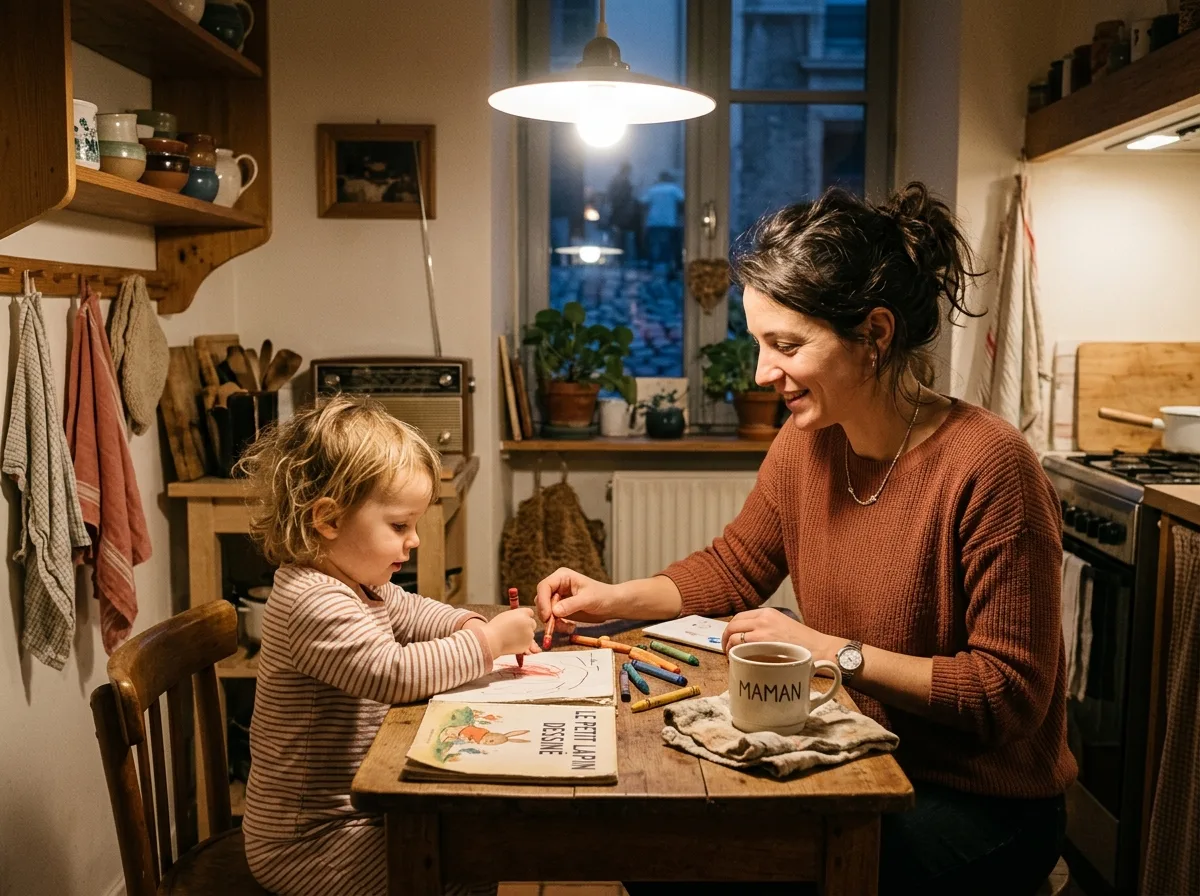 Parent et tout-petit partagent un rituel du soir à la table de la cuisine, ambiance douce et rassurante