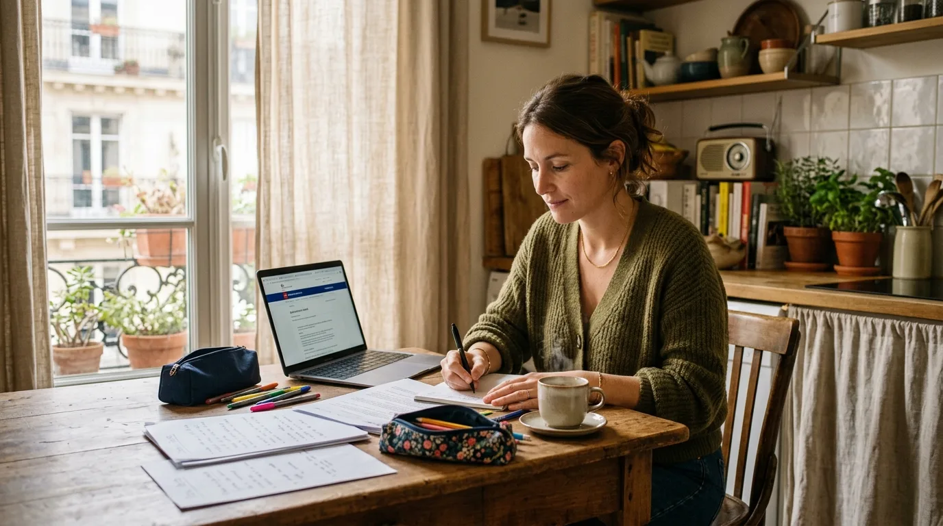 Mère solo organisée à sa table de cuisine avec des listes de rentrée scolaire