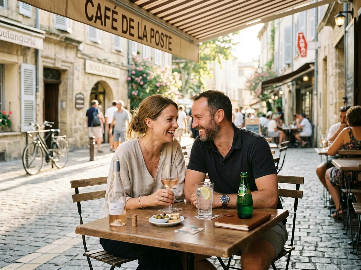 Un homme et une femme qui rient ensemble en terrasse de café, été en France