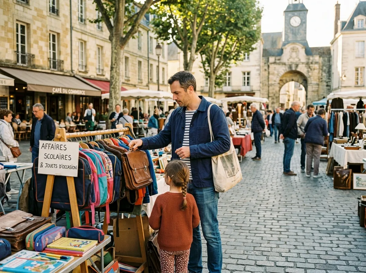 Père solo et son enfant de dos à un marché de seconde main, cherchant des fournitures scolaires