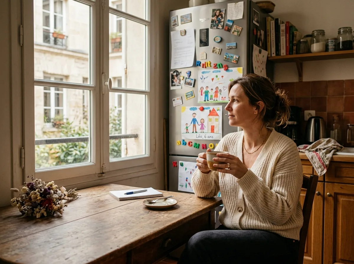 Mère seule avec son thé, moment de calme après un échange de garde