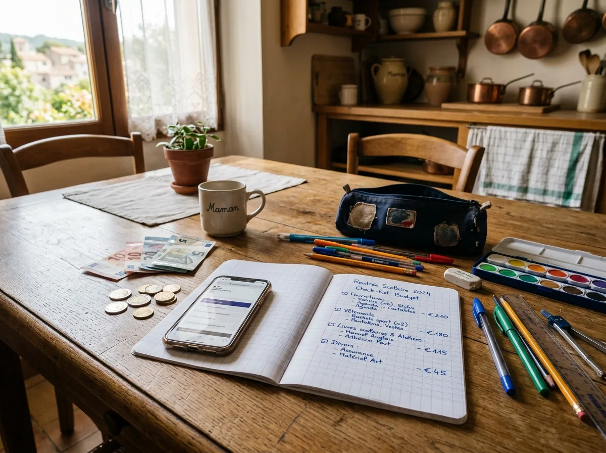 Liste de rentrée manuscrite sur une table avec fournitures et quelques billets, lumière naturelle