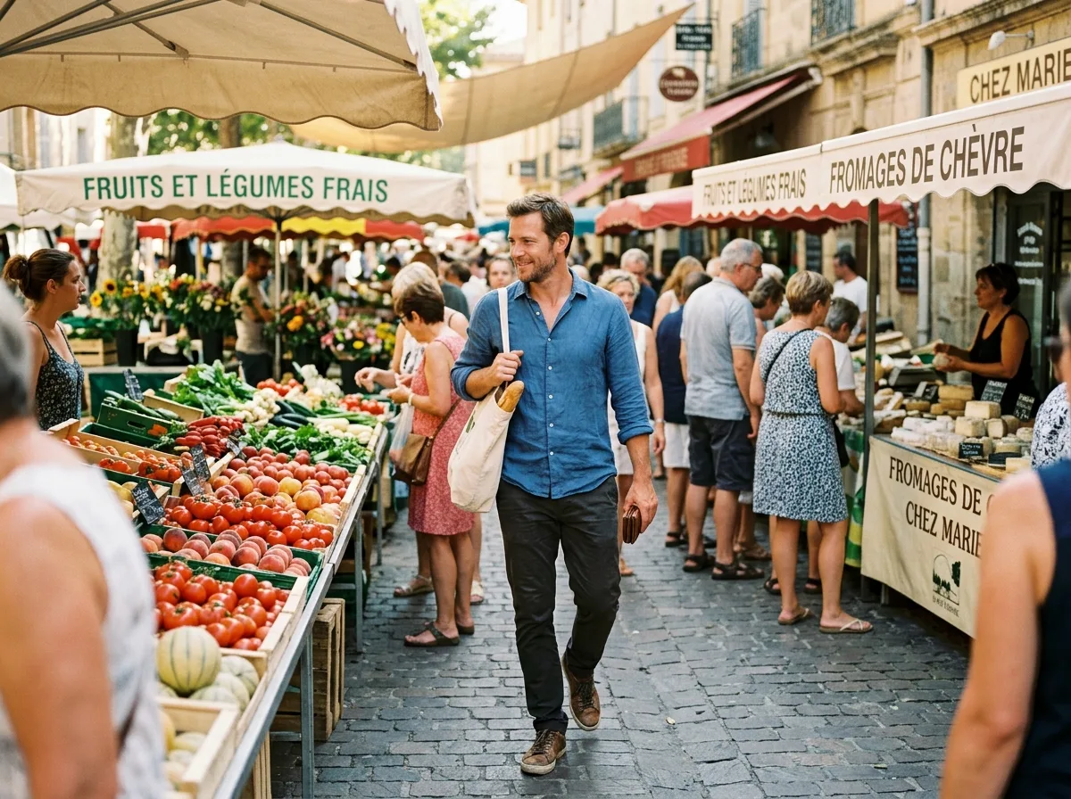Père solo détendu au marché estival français, lumière matinale chaleureuse