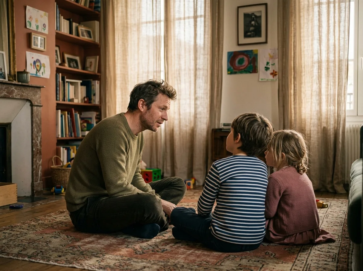Papa assis par terre avec ses enfants, conversation douce avant un échange de garde