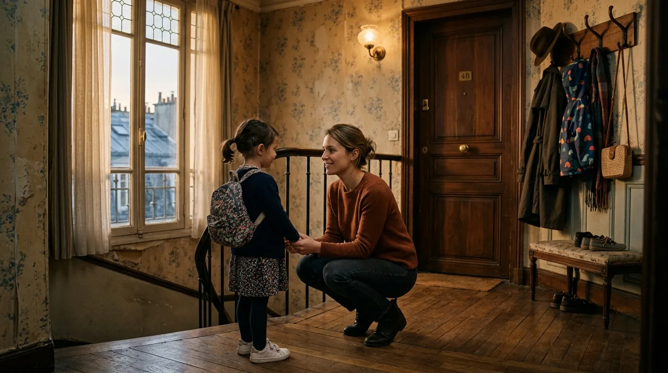 Mère qui se baisse vers son enfant dans un couloir, moment d'échange de garde apaisé