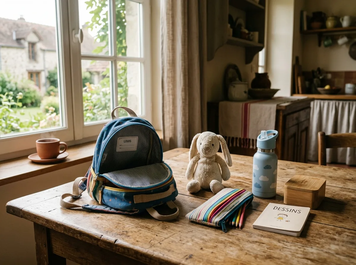 Cartable ouvert sur une table avec les affaires de l'enfant prêtes pour le passage de relais