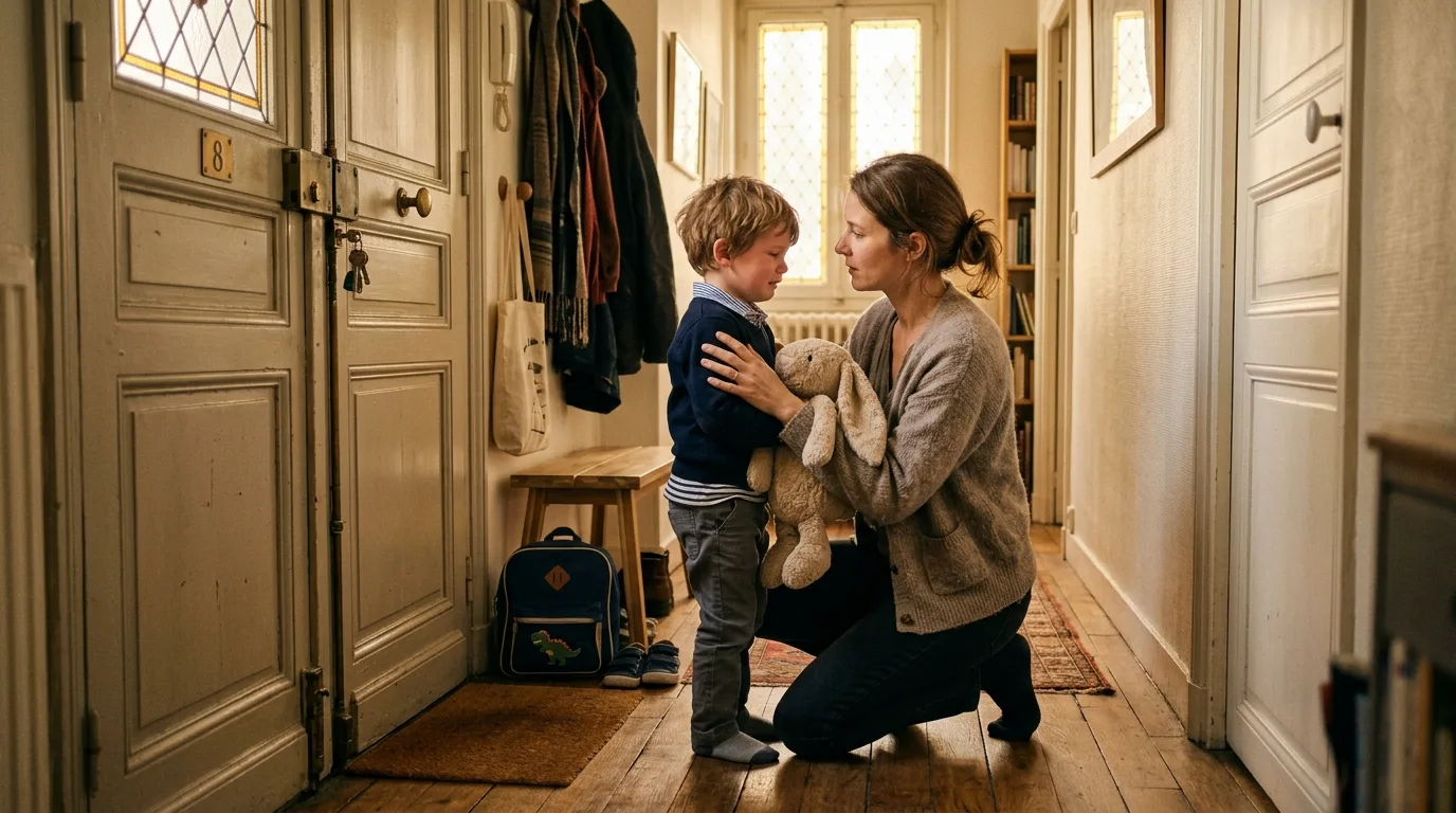 Parent réconfortant son enfant avec son doudou près de la porte, matin de garde alternée