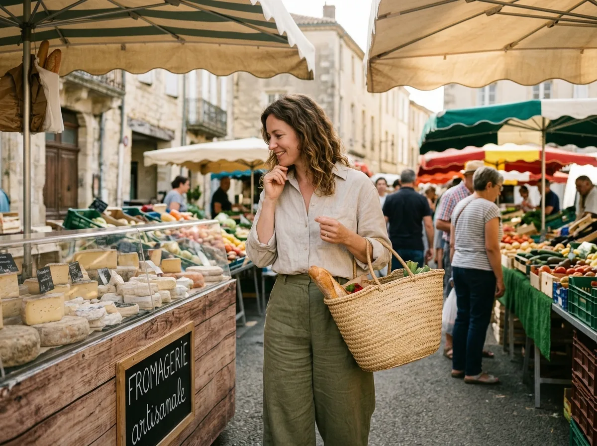 Femme seule qui flâne sans se presser devant un étal de fromages au marché