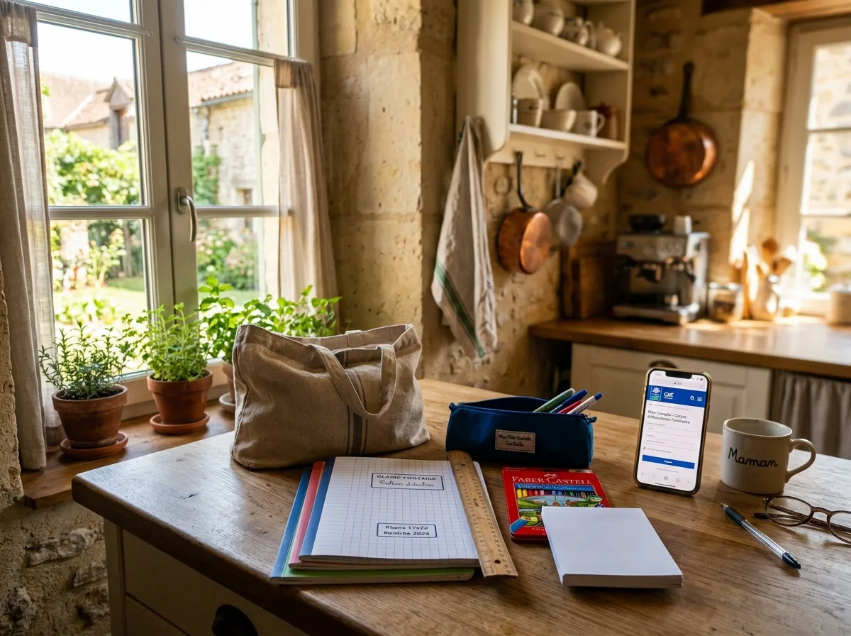 Fournitures scolaires organisées sur un plan de travail avec un smartphone ouvert sur le site CAF