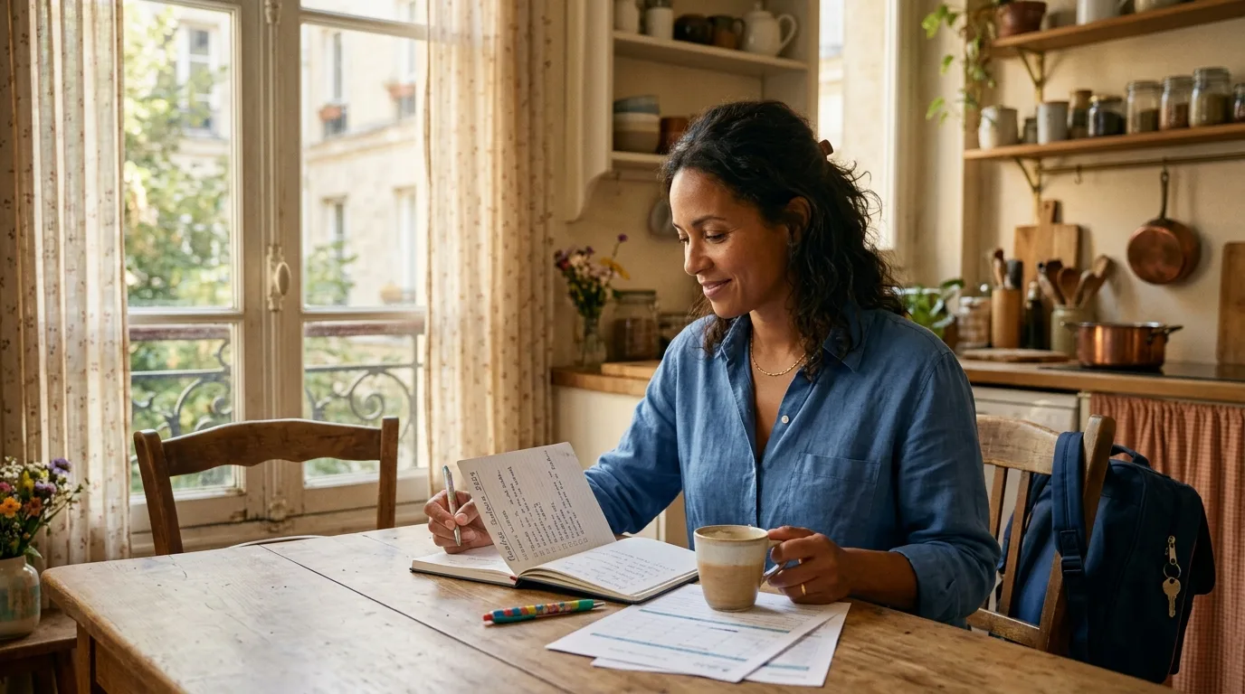 Mère solo à la table de sa cuisine, révisant la check-list de rentrée scolaire avec un café