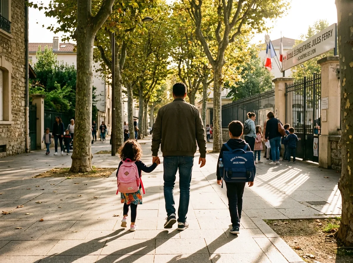 Père solo accompagnant ses enfants de dos vers l'entrée d'une école un matin de rentrée