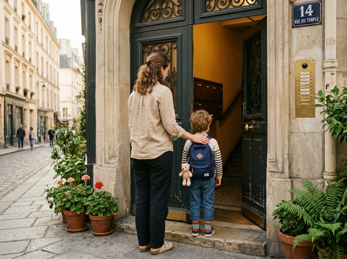 Parent et enfant sur le pas de la porte, prêts pour le passage de relais de garde alternée